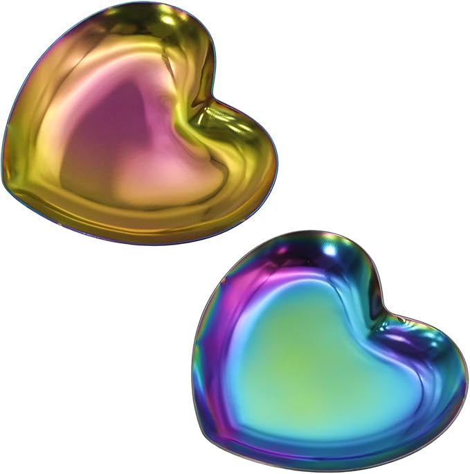 PINE & LINEN 2pcs Colorful Jewelry Dish,3.5inch Stainless Steel Heart Trinket Tray Decorative Plate,Small Serving Tray for Home Decor/Decor Enthusiasts