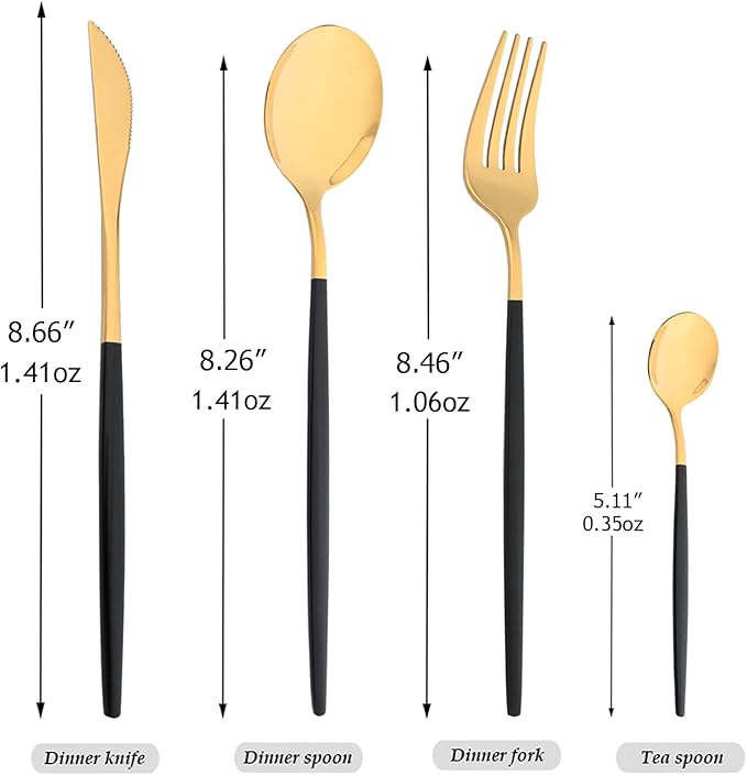 Mirror Cutlery Serving Set, 24-piece 18/0 Stainless Steel Silverware With Black Handle Simple & Modern Tableware For Home Party Restaurant Christmas Dinner, Service For 6 (Black Gold)