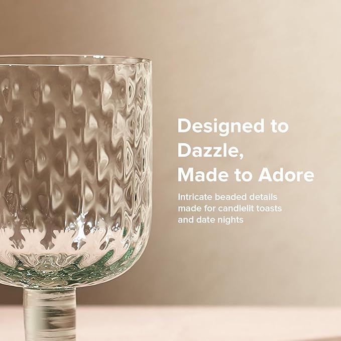 mopio Adore Beaded Goblet Set of 4, 12 oz, Dishwasher Safe, Trendy Party and Home Bar Stemware for Cocktails and Wine, Perfect Drinkware Gift in Eco-Friendly Packaging, Soda-Lime Glass (Light Blue)