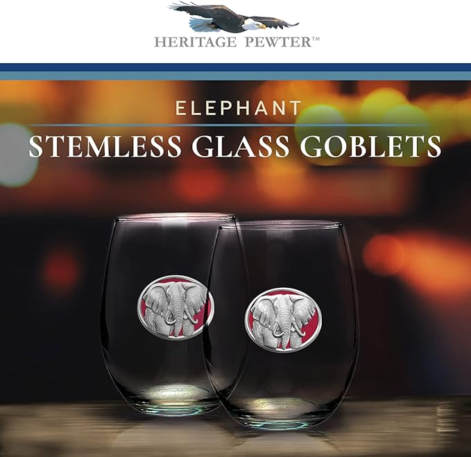 Heritage Pewter Elephant Stemless Glass Goblets – Set of 2 | 15 OZ Goblet Wine Glasses | Expertly Crafted Pewter Glass