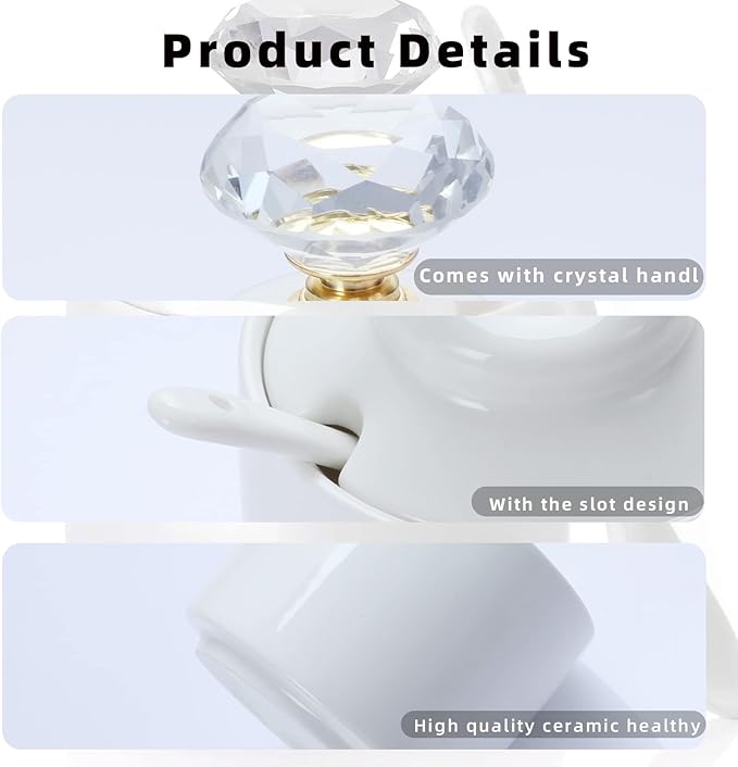 ONTUBE Porcelain Sugar Bowl with Crystal Lid and Spoon,8oz White (Crystal gold)