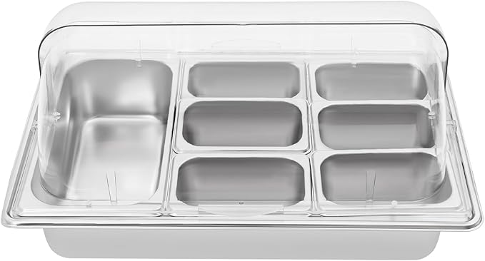 7 Compartments Food Serving Display Container, 7 Pans Countertop Ice Food Serving Display Container Stainless Steel Buffet Food Display Serving Tray with Clear Roll Top Cover Serving Dish