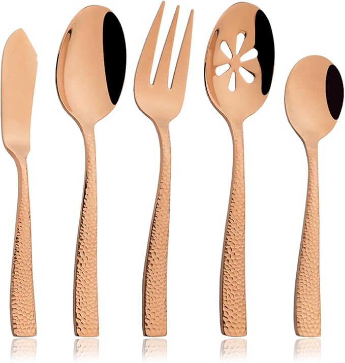 JASHII 5-Piece Rose Gold Hammered Flatware Hostess Set Stainless Steel Serving Fork Slotted Serving Spoon Butter Knife Teaspoon Set for Buffet Party Mirror Polished Dishwasher Safe
