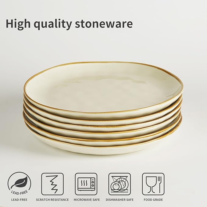 famiware Dinner Plates Set of 6, 10.25 inch Pasta Plate, Ocean Round Stoneware Dessert Plates Dish Set for Kitchen Microwave Dishwasher Safe, Scratch Resistant, Vanilla White