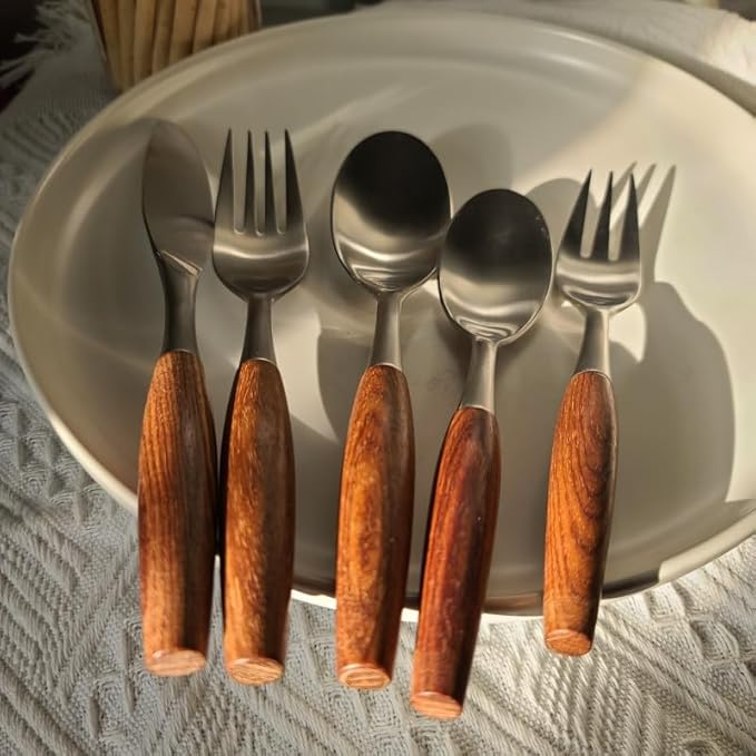 Silverware Flatware Cutlery Set, 5/20/30/40 Pieces Wooden Handle 304 Stainless Steel Table Knives, Forks And Spoons, Home Tableware, Restaurant Tableware(5 Pieces for 1)
