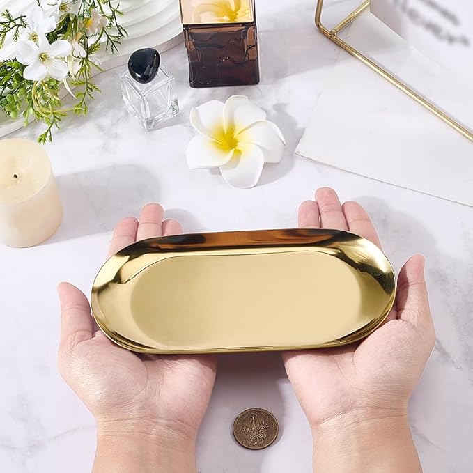 CRASPIRE 7 x 3.47 Inch Small Gold Oval Vanity Tray Stainless Steel Trinket Trays Metal Jewelry Dish Food Storage Plate Cosmetics Organizer for Serving Platter Jewelry Towel Bathroom Clutter Decoration