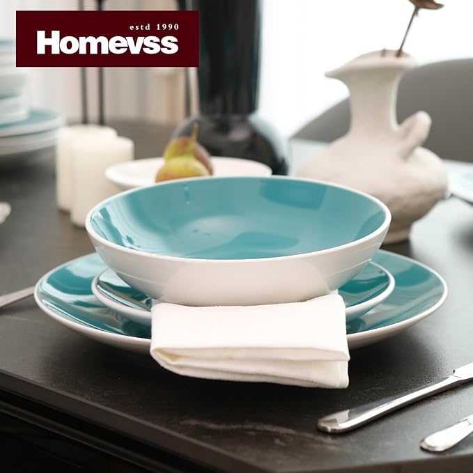 Stoneware Coupe Shape 12pc Dinnerware Set, Outside White + Inside, Tiffany Blue