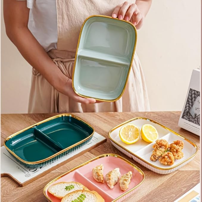 Porcelain Healthy Eating Plate, Ceramic 2 Compartment Divided Plates, Portion Control Plates for Adults Weight Loss, Length: 23.8cm/9.37 inch
