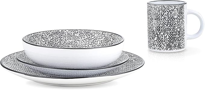 Stone Lain Sophie Rustic Stoneware Dinnerware Service for 4, Black and White Textured, 16 Pieces