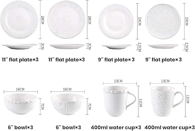 Dinnerware Set Dinner Party Tableware Service Set Ceramics Dinner Sets, 24 Pieces White Vintage Relief Porcelain Dinnerware Set | Nordic Style Cereal Bowl Steak Plate and Mug, FPYY2024040817
