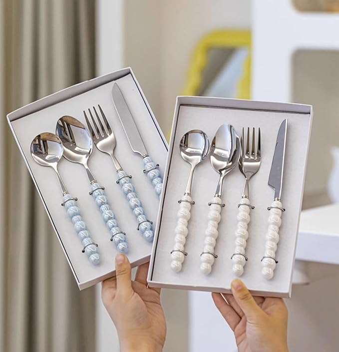 4Pcs Pearl Flatware Set, Creative Stainless Steel Flatware Pearl Ceramic Handle Silverware Tableware for Kitchen Hotel Home Steak Knife Dessert Spoon Dishwasher