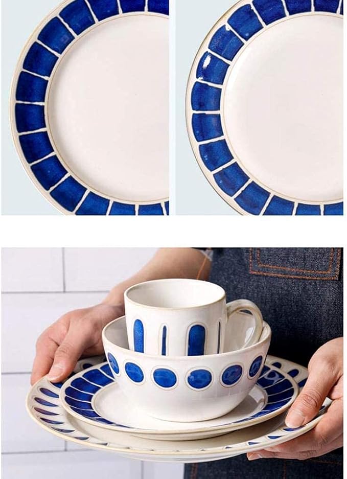 Fine Dinnerware Set,4 Pieces Blue White Ceramic Dinner Set Porcelain Mug Plate Bowl - Tableware