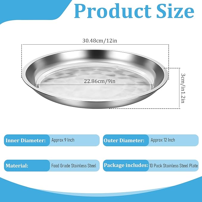 10 Pack Stainless Steel Round Serving Tray, 12 Inch Silver Serving Bar Serving Platter Sturdy Silver Metal Display Tray for Coffee Table Party Club Home Ottoman
