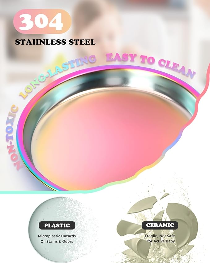 Stainless Steel Kids Plates 4 Packs, 8" Non Divided Toddlers Portion Control Plate, Non Toxic & BPA Free |Unbreakable |Dishwasher Safe Baby Snack Dish for Daycare Outings & Travel, Colorful