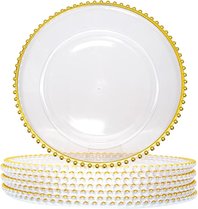 25 Pcs Clear Acrylic Round Charger Plates with Gold Trim Plastic Charger Plate Bulk for Dinner Table Plate for Parties Wedding Décor Placemats,13 Inch (25pcs-Gold-1)