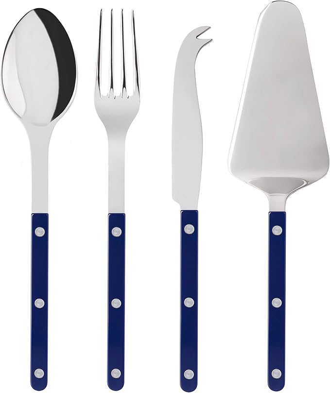 SABRE PARIS - 4-Piece Serving Set - Bistrot Collection - 2 Serving Flatware, Serrated Pie Server, Large Cheese Knife - Stainless Steel & Nylon - Dishwasher Safe - Navy Blue - Brilliant Finish
