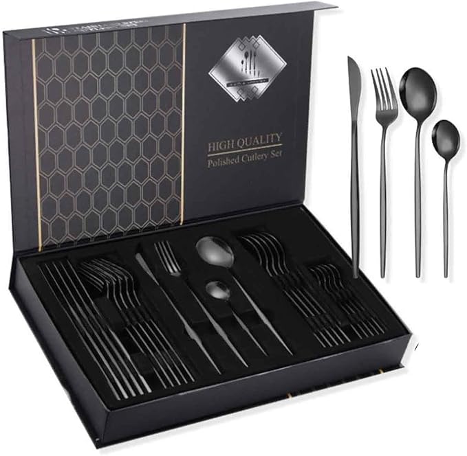 24 PCS Fine Flatware Set, Flatware Serving Set for 6, Utensil Set for Home and Restaurant Include Knives/Forks/Spoons, Dishwasher Safe, for Outdoor Camping Picnic(Size:B,Color:Black)