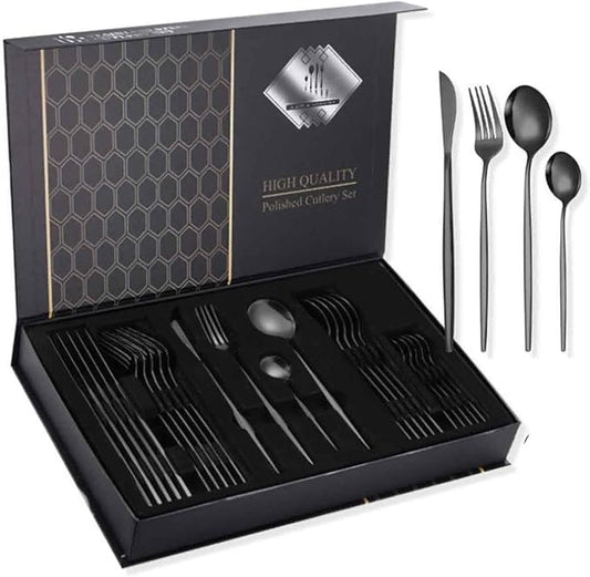 24 PCS Fine Flatware Set, Flatware Serving Set for 6, Utensil Set for Home and Restaurant Include Knives/Forks/Spoons, Dishwasher Safe, for Outdoor Camping Picnic(Size:B,Color:Black)