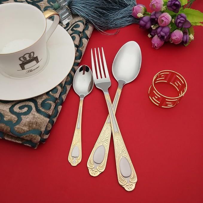 IKXO 16-Pc Premium Silverware Flatware Serving Set, Service for 4, 18/10 Stainless Steel Gold Plated Dining Flatware Gift Package for Christmas and Thanksgiving&Halloween