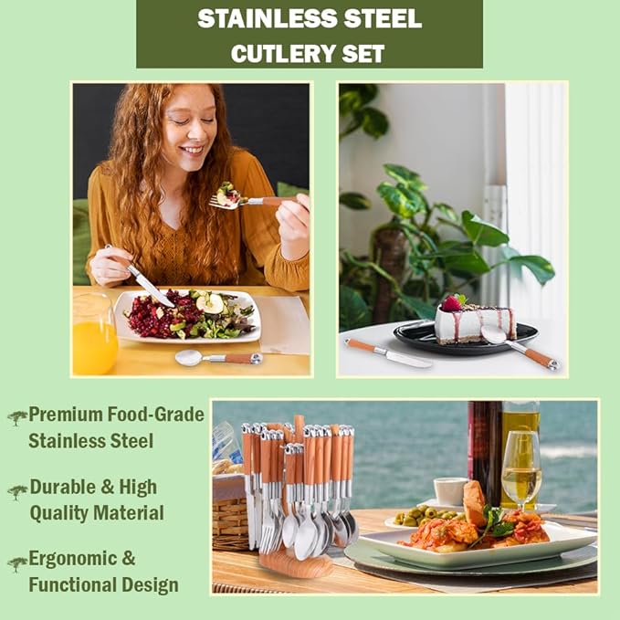 24 Pcs Stainless Steel Cutlery Set with Cutlery Rack, Eating Tableware Set Service for 6, Durable Flatware Set for 6 Includes Knifes, Forks & Spoons for Kitchen and Home