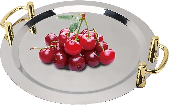 Stainless Steel Serving Plate, Elegant Mirror Finish Serving Tray Reusable Unbreakable Modern Kitchen Plates Golden with Handle for Hotel Restaurant Banquet (Round (Diameter 15.7in))