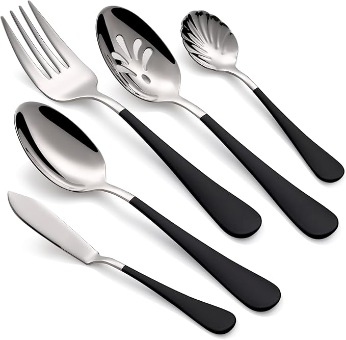 10 Pieces Black Serving Set, 18/0 Stainless Steel Hostess Set, Slotted Serving Spoon, Salad Serving Spoon/Fork, Butter Knife, Two Color Combinations, Dishwasher Safe