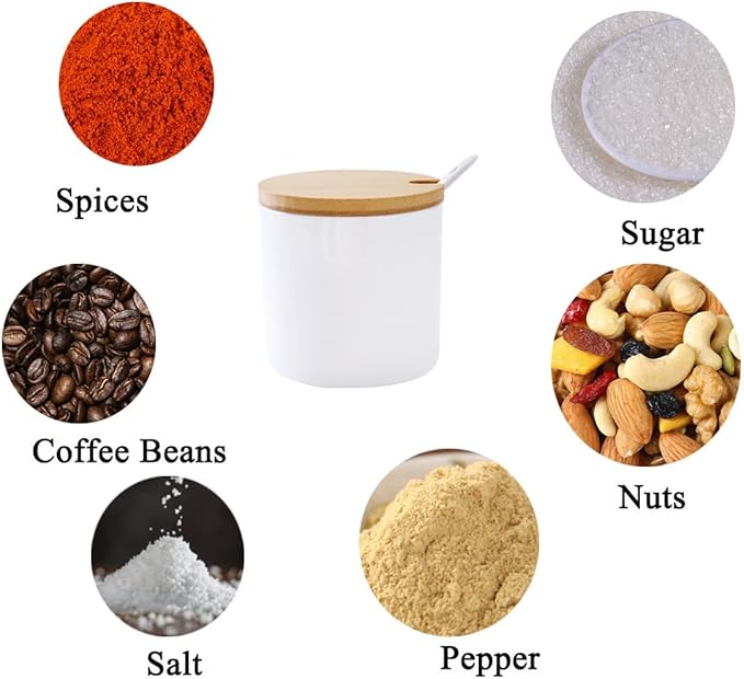 300ml White Ceramic Sugar Bowl Salt Bowl,Porcelain Condiment Jar Spice Container with Bamboo Lids Spoon,Spice Jar Seasoning Condiment Pot Honey Jar for Home Kitchen