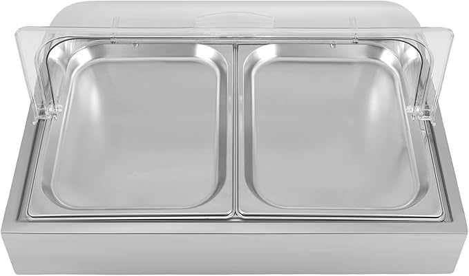 2 Pan Countertop Food Display Container with Roll Top Cover, Stainless Steel Ice Food Serving Tray, 3.17Qt Cold Food Buffet Server for Restaurant Kitchen Party (Silver)