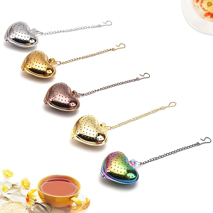 Heart Shape Stainless Steel Tea Infuser Filter with Chain Strainer, 15.5x4.6cm6.10x1.81in, Gold