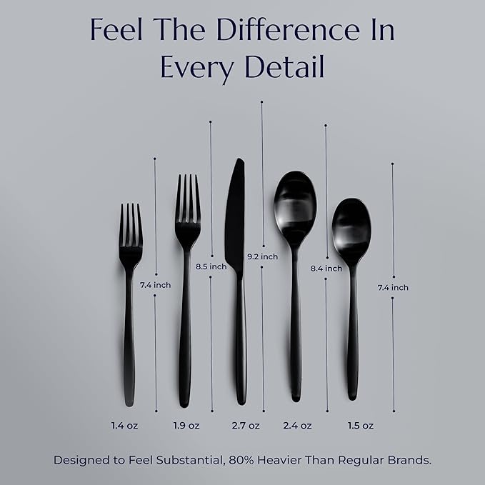 JazzUpCo Ava Flatware Flatware non toxic 18/10 stainless steel dishwasher safe (Matte Black, 8 Person Set (40 Pieces))