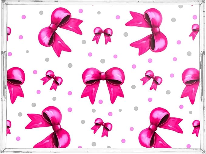 Spill Proof Acrylic Serving Tray, Countertop Organizer 16x12 Inch with Handles for Breakfast, Living Rooms, Coffee, Juice, Kitchen and Desk, (Rosy Bows and Silver Polka Dots)