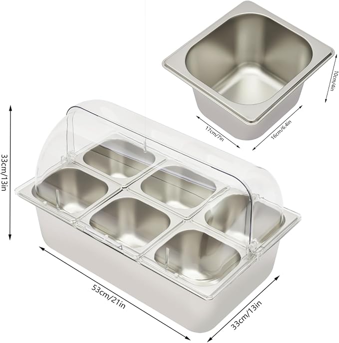 6-Pan Ice Food Serving Display Stainless Steel Buffet Cold Serving Cooler Platter Cooling Food Dishes Display Plate Case Tray with Clear Roll Top Cover for Seafood Fruit Party Buffet Tray