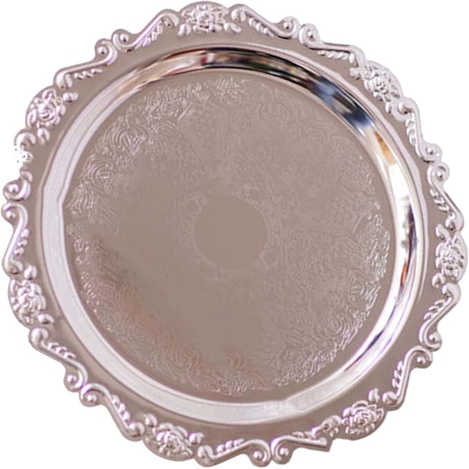 Round Fruit Plate, Metal Food Serving Tray Vintage Round Fruits Serving Platter Plates, Fruit Tray Dessert Cake Decorative Disk for Cakes, Desserts, and Baked Goods Wedding Holiday Party(Silver)