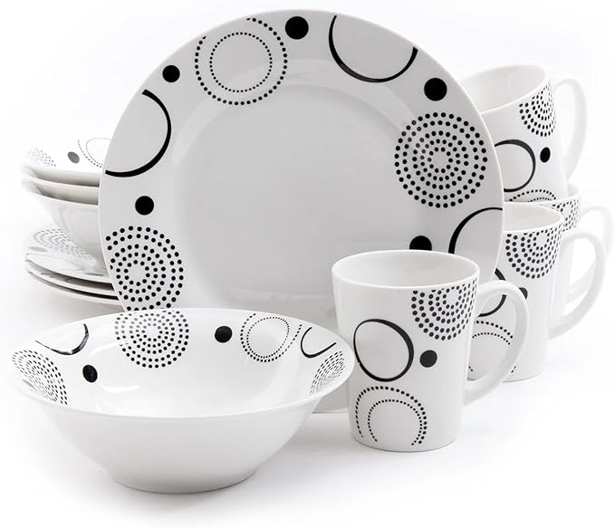 12-Piece Ceramic Dinnerware Set, Grey & White Modern Minimalist Tableware, Dishwasher & Microwave Safe, 4-Person Bowl Plate Cup Set