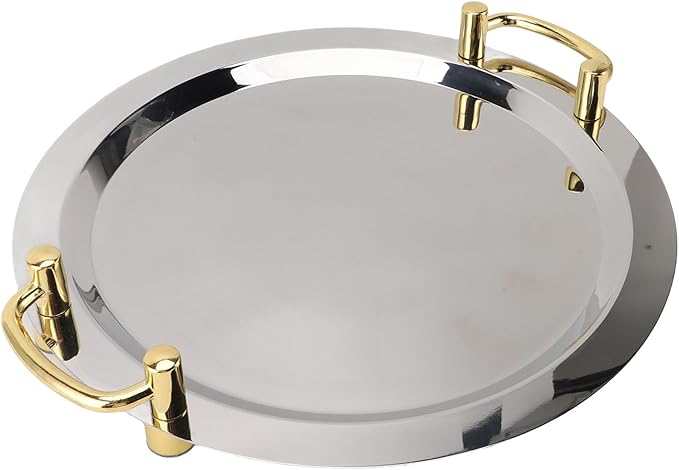 Stainless Steel Serving Plate, Elegant Mirror Finish Serving Tray Reusable Unbreakable Modern Kitchen Plates Golden with Handle for Hotel Restaurant Banquet (Round (Diameter 16.9in))