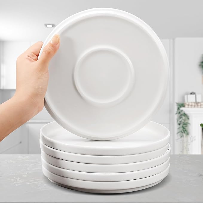 Porcelain Dinner Plates Set of 6,10 Inch Round Dessert Salad Plates,White Ceramic Dinner Plate with Lipped Edges for Dessert Salad Appetizers,Microwave,Dishwasher Safe,Scratch Resistant