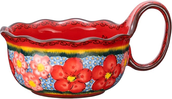 silesia Handmade Ceramic Soup Bowl, 30 oz Hand Painted Bowl with Loop Handle, Floral Design Cereal Bowl for Soup, Ice cream, Snack, Microwave & Dishwasher Safe (Glazed Red)