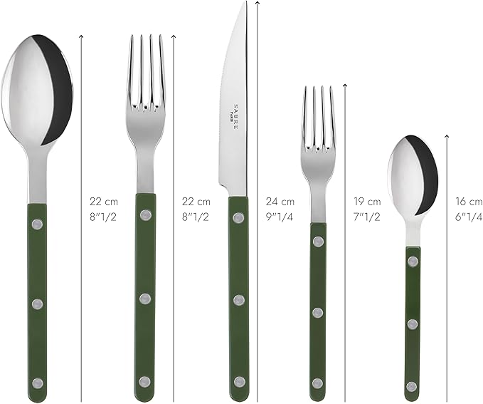 SABRE PARIS - 5-Piece Flatware Set - Bistrot Collection - Knife, Fork, Soup Spoon, Teaspoon & Dessert Fork - Stainless Steel & Nylon - Dishwasher Safe - Green - Brilliant Finish
