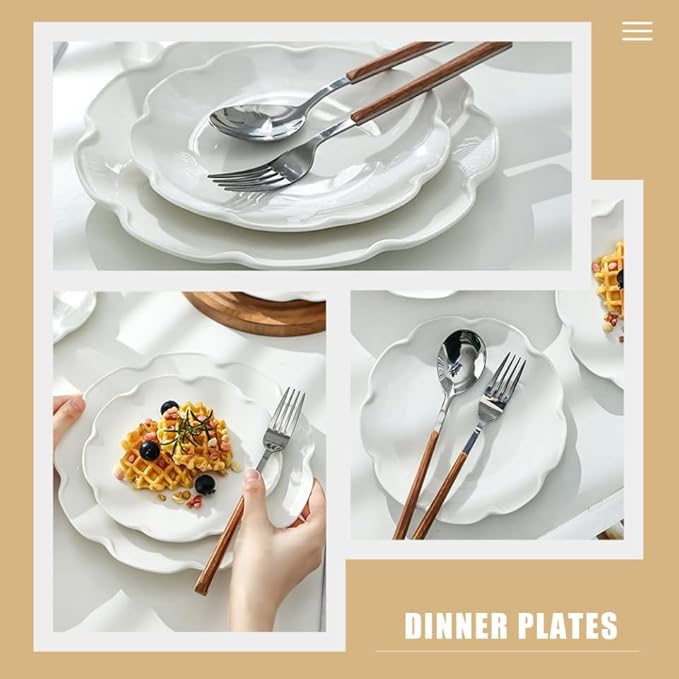 Cabilock 4Pcs White Ceramic Plates Set Oven Safe Dinner Plates Decorative Porcelain Serving Dish for Home Use for Steak Breakfast and Desserts