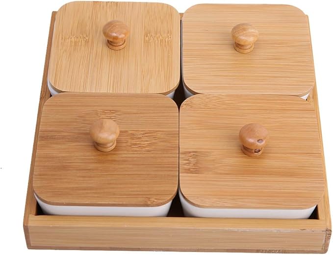 Ceramic Appetizer Serving Plate with Bamboo Tray, Ideal for Fruits, Nuts, Desserts, Modern Design(4 Compartment-9cm)