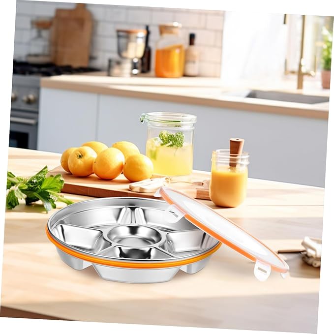 GLEAVI Stainless Steel Divided Serving Tray Lid Family Sized Fruit and Vegetable Tray Multipurpose Snack Container for Fresh Food Storage and Outdoor Use