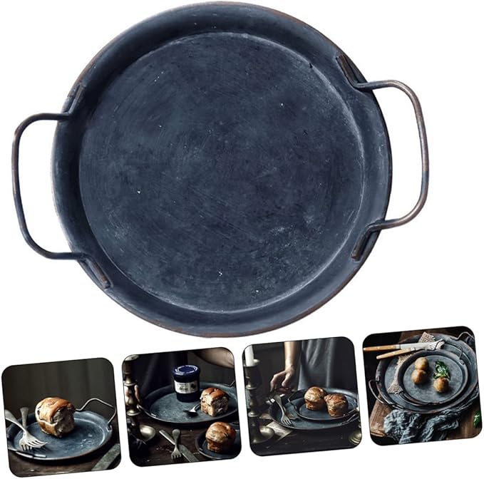 Happyyami Vintage Iron Storage Tray Serving Plate Decorative Decor Silver Decorative Tray Breakfast