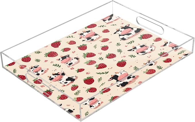 Serving Tray with Handles Clear Acrylic Tray 12x16 Inch Decorative Rectangular Tray Organizer for Ottoman Coffee Table Bathroom Beige Strawberry Cows