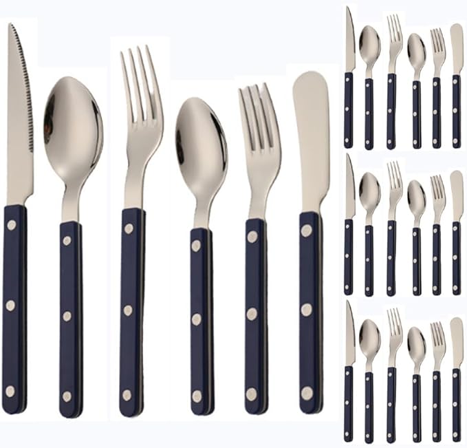ABS Rivet Handle Marble Pattern Handle Kitchen Stainless Steel Silverware Tableware Flatware Cutlery Knives Forks Spoons Set,Butter Knife Dessert Spoon Fork (6-piece set -4 set,Blue)