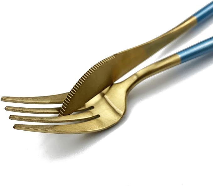 Gugrida Blue Handle Gold Flatware Set, Royal 5 Pieces Matte Blue Handle 18/10 Stainless Steel Dinner Fork 7.68", Camping Cutlery Silverware Travel Utensils Set Tableware