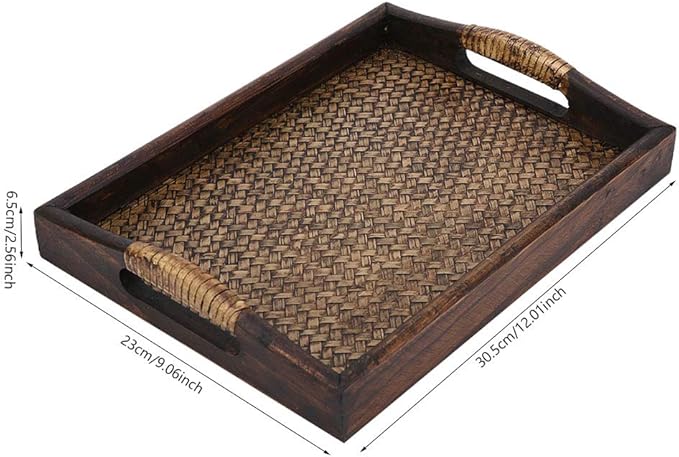Woven Rattan Rectangle Serving Tray, 9 in Hand Woven Rattan Serving Tray Hand-Made with Raised Handles and Wood on All Sides Decorative for Dining Coffee Table Tea Party