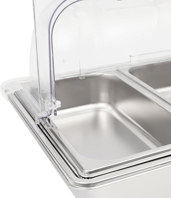 Countertop Food Serving Display Container with Clear Roll Top Cover, Stainless Steel Food Serving Tray Buffet Condiment Dispenser for Parties, Hotels, Weddings