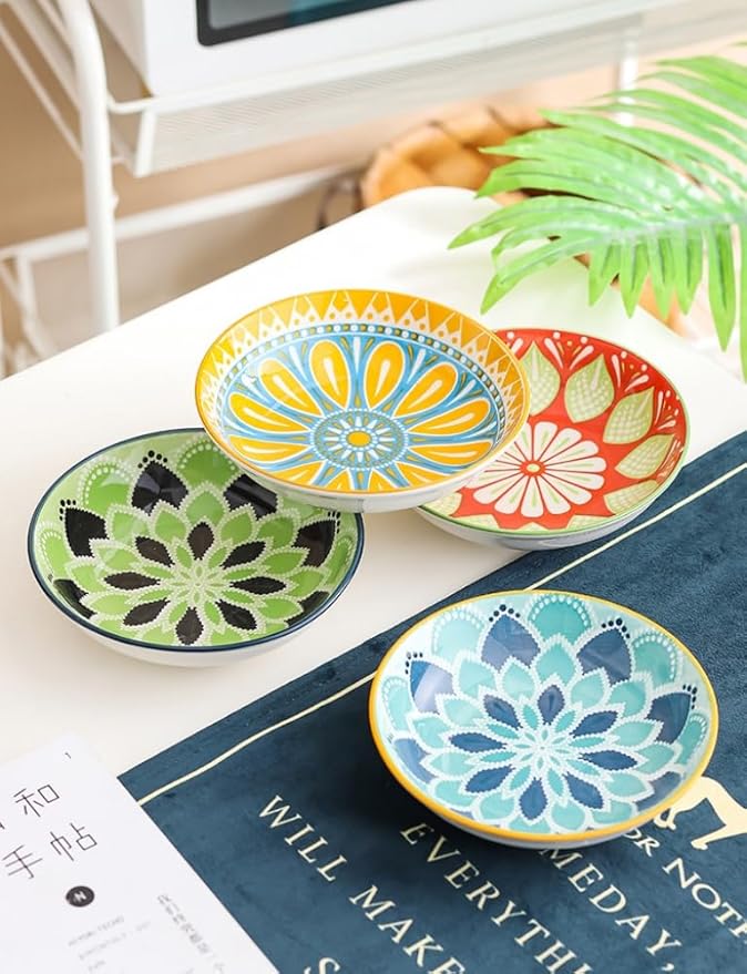 Set of 4 10 OZ Colorful Ceramic Dessert Bowls Bohemian 6 inch Serving Dishes Cute Shallow Bowls for Appetizer,Side Dishes,Sushi,Salad,Snack,Icecream,Fruit,Microwave Dishwasher Safe