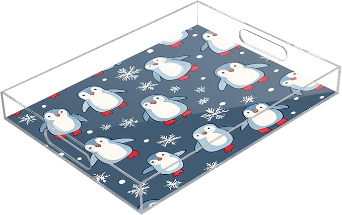 Serving Tray with Handles Clear Acrylic Tray 12x16 Inch Decorative Rectangular Tray Organizer for Ottoman Coffee Table Bathroom Grey Blue Penguin01