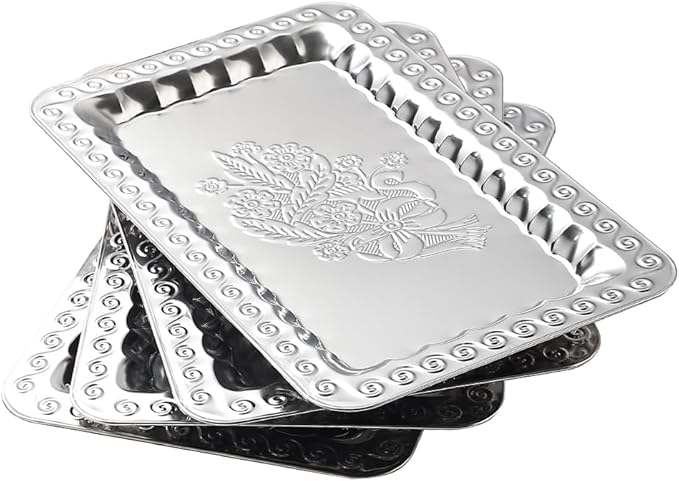 4-Pack Small Silver Serving Trays Set - ZENOVLUX Swirl Floral Engraved Mirror Decorative Tray, 11.4" x 7" Party Platters for Whiskey, Cookies, Charcuterie, Snacks, Desserts, Fruit, Party Food Display